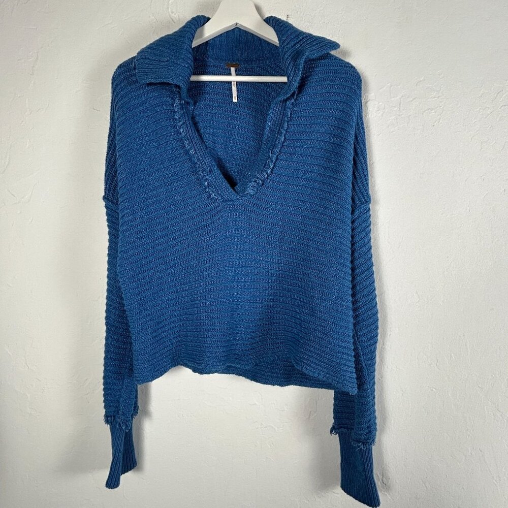 Free People Womens Marley Collared Cropped Oversized V-Neck Sweater Size XS Blue